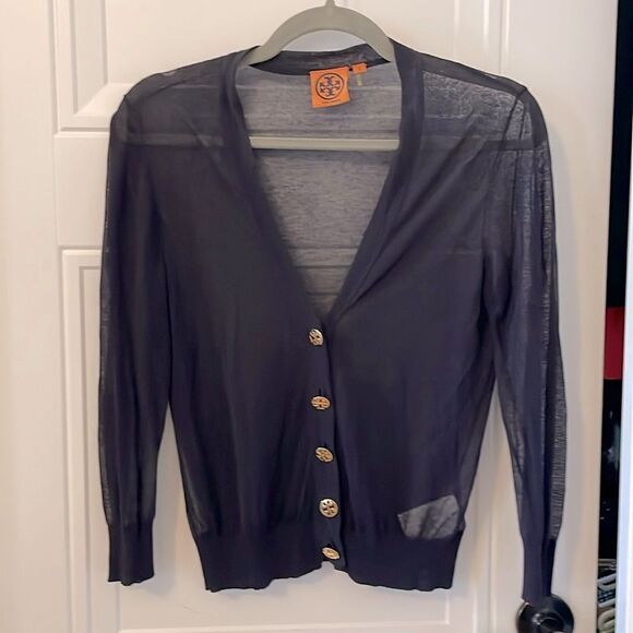 Tory Burch Shrunken Navy Simone Sheer Cardigan - Picture 1 of 6